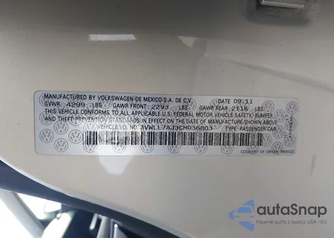 2012 Volkswagen Jetta 2.0L Tdi z USA, uszkodzony, nr VIN 3VWLL7AJ3CM036803